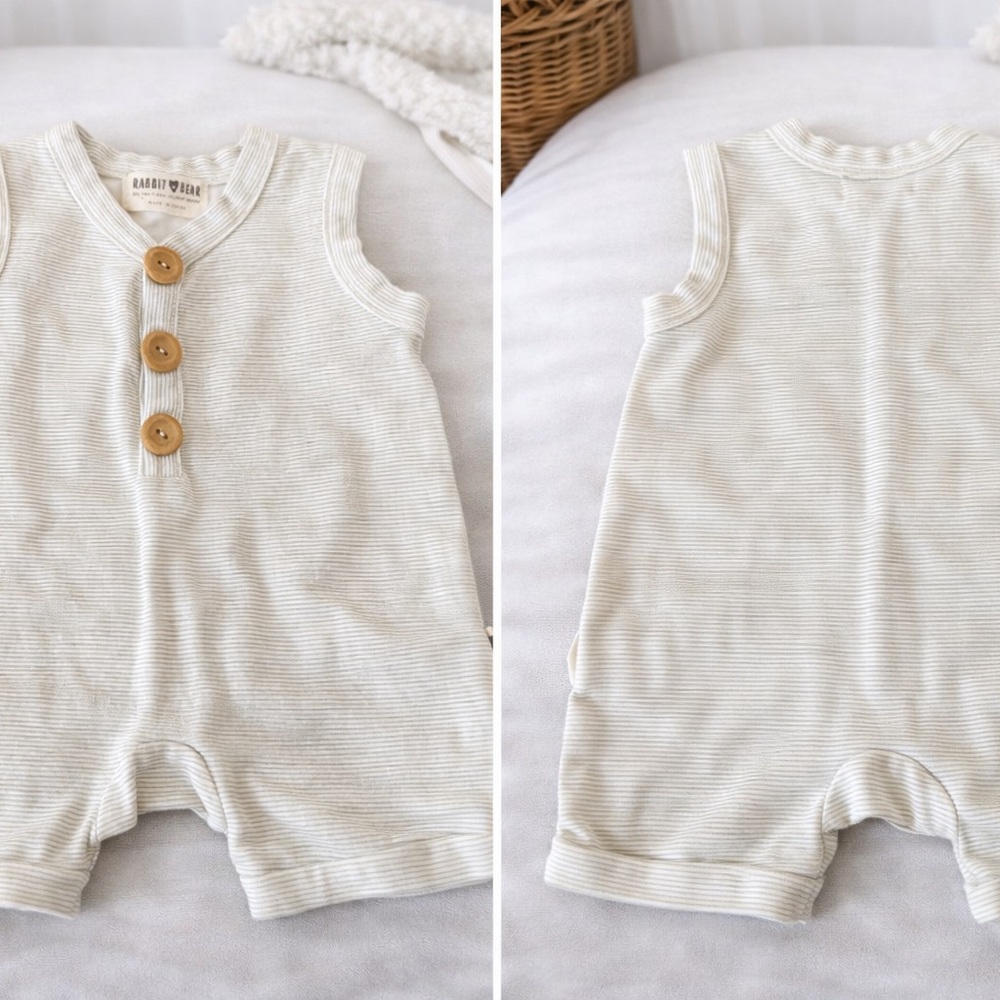 Rabbit + Bear Neutral Striped Baby Romper | Size 0-3M